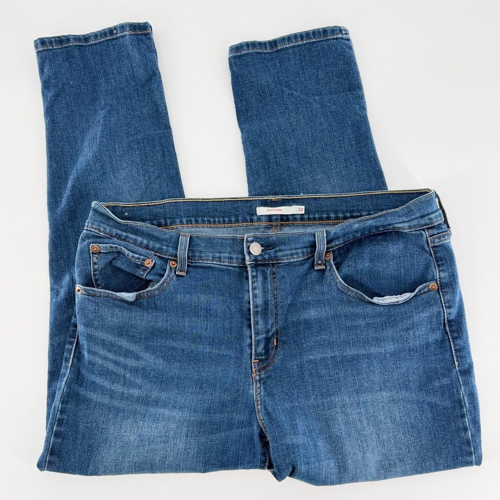 LEVIS Boyfriend Jeans Mid Rise Medium Wash Denim Pants Size 32 Blue Stretch